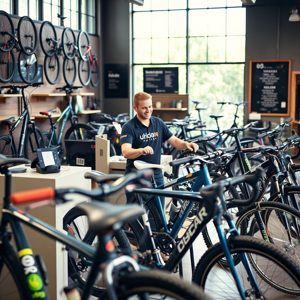 Urban cyclists choosing bikes at Bikeshop